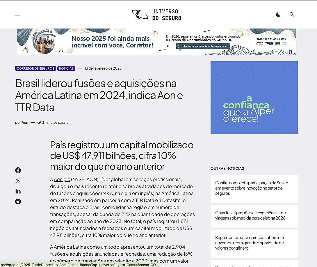 Brasil liderou fus�es e aquisi��es na Am�rica Latina em 2024, indica Aon e TTR Data